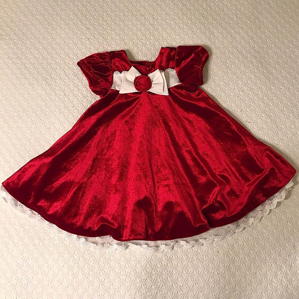 Bonnie Baby, Exclusive Christmas Red Crushed Velvet Baby Dress, Size 24 Months